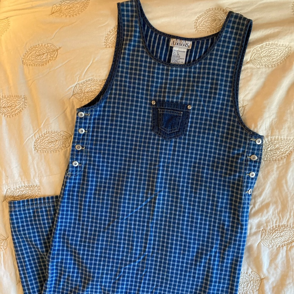 Vtg 90s Basic Editions Cotton Plaid Denim Jumper